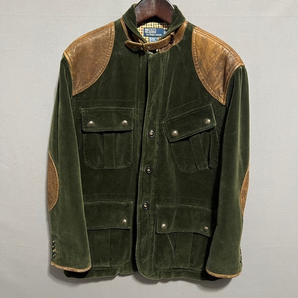 Polo Ralph Lauren Other - Polo Ralph Lauren Green Corduroy Hunting Jacket Leather Trim Mens XL Safari Coat
